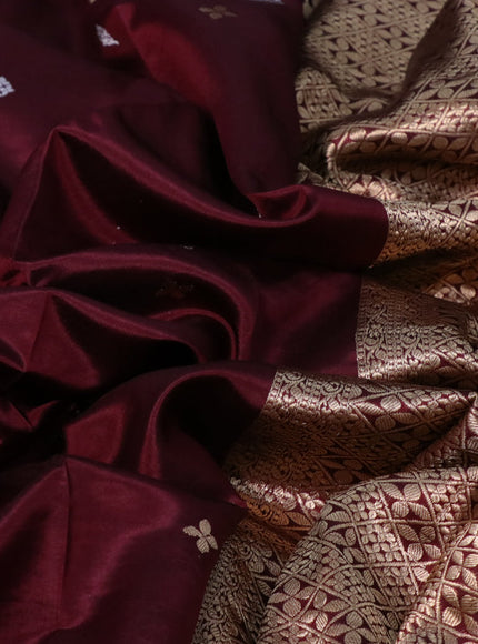 Banarasi poona silk saree deep maroon with silver & gold zari woven buttas and silver & gold zari woven butta border