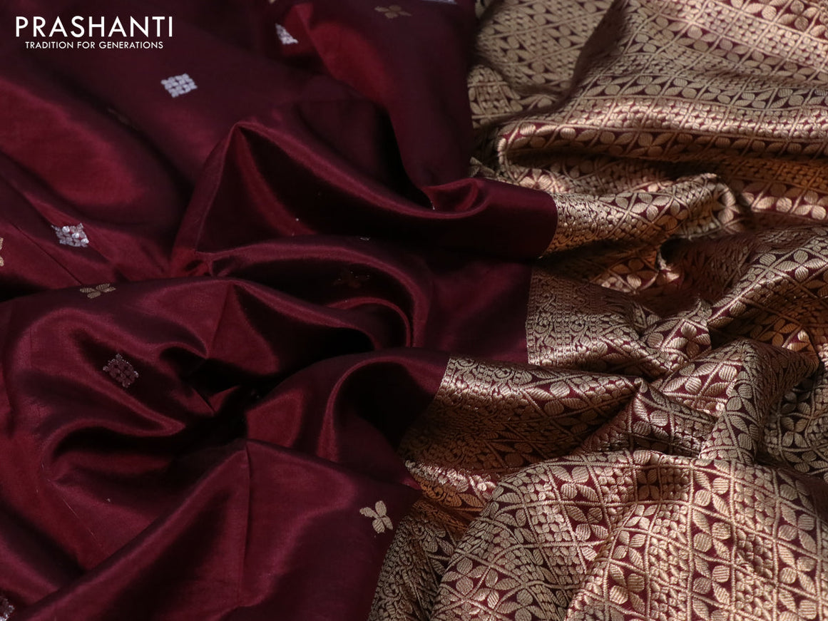 Banarasi poona silk saree deep maroon with silver & gold zari woven buttas and silver & gold zari woven butta border