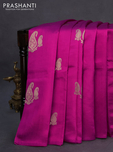 Banarasi poona silk saree magenta pink with paisley zari woven buttas in borderless style