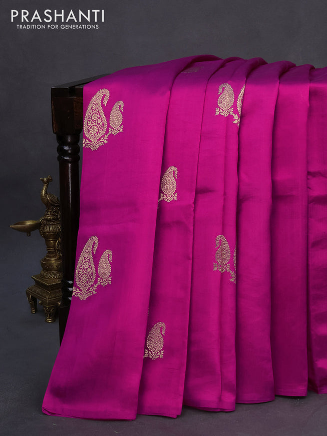 Banarasi poona silk saree magenta pink with paisley zari woven buttas in borderless style