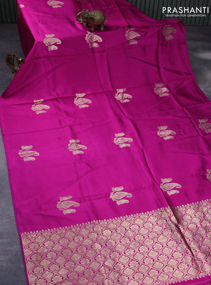 Banarasi poona silk saree magenta pink with paisley zari woven buttas in borderless style