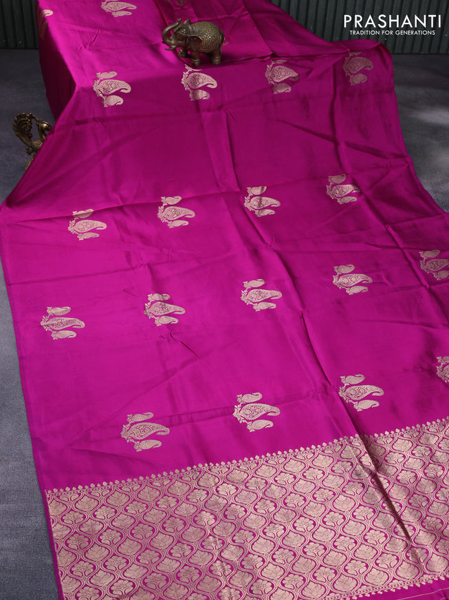 Banarasi poona silk saree magenta pink with paisley zari woven buttas in borderless style