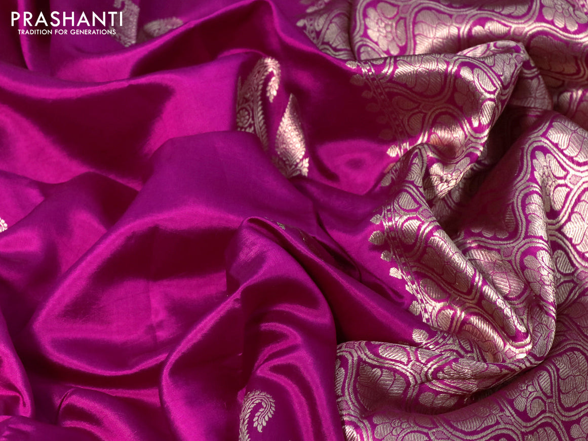 Banarasi poona silk saree magenta pink with paisley zari woven buttas in borderless style