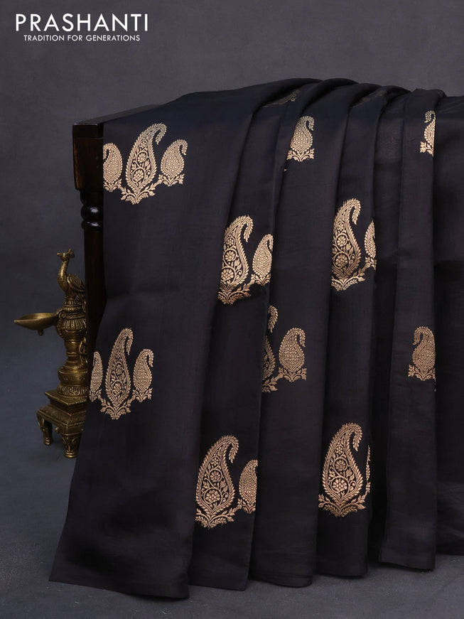 Banarasi poona silk saree black with paisley zari woven buttas in borderless style