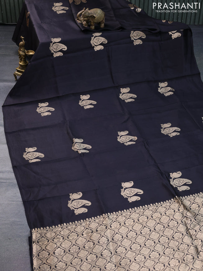 Banarasi poona silk saree black with paisley zari woven buttas in borderless style