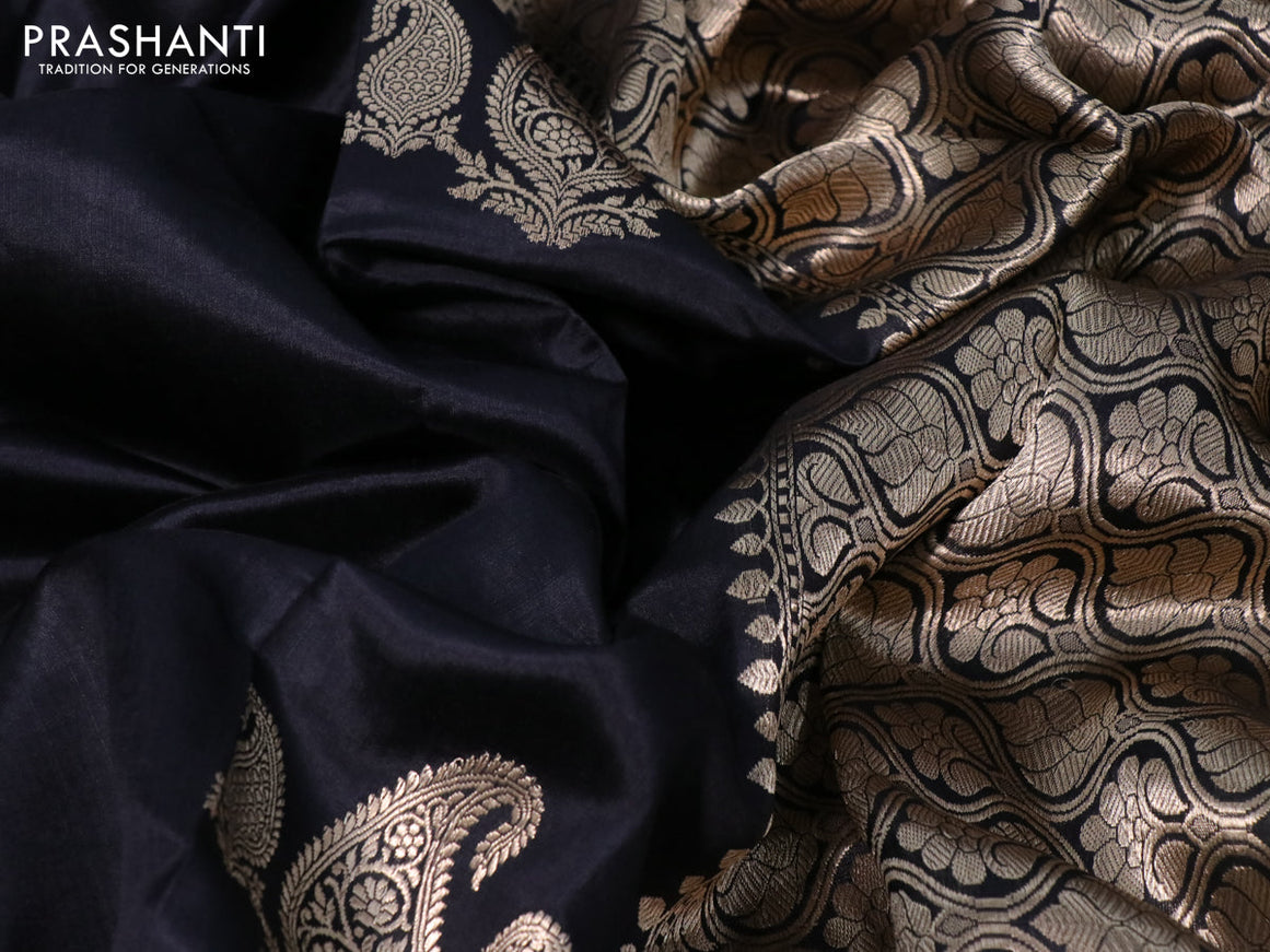 Banarasi poona silk saree black with paisley zari woven buttas in borderless style