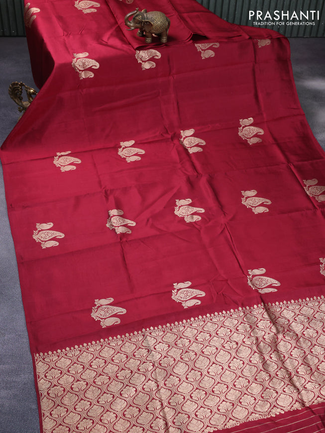 Banarasi poona silk saree maroon with paisley zari woven buttas in borderless style