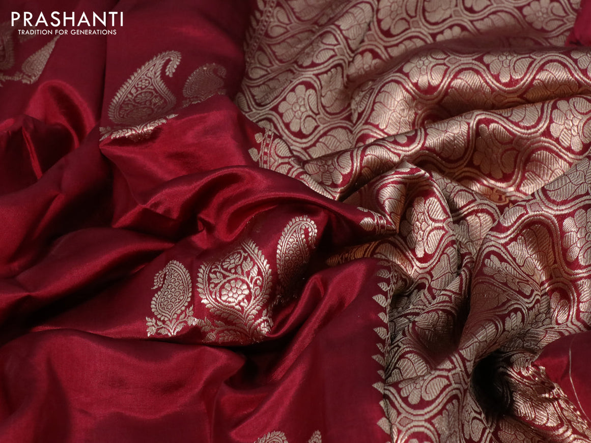 Banarasi poona silk saree maroon with paisley zari woven buttas in borderless style