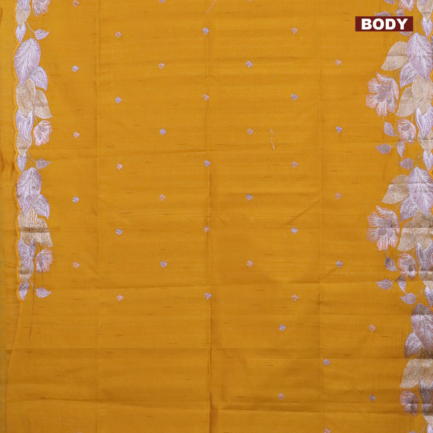 Semi raw silk saree mustard yellow with embroidery work buttas and floral design embroidery work border