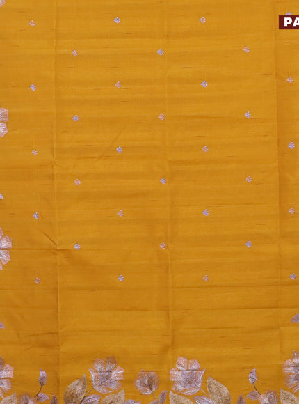 Semi raw silk saree mustard yellow with embroidery work buttas and floral design embroidery work border