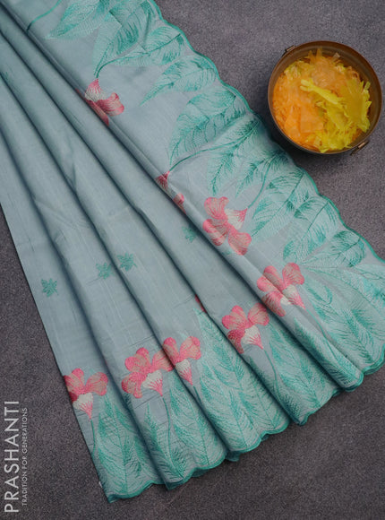 Semi raw silk saree pastel blue with embroidery work buttas and floral design embroidery work border