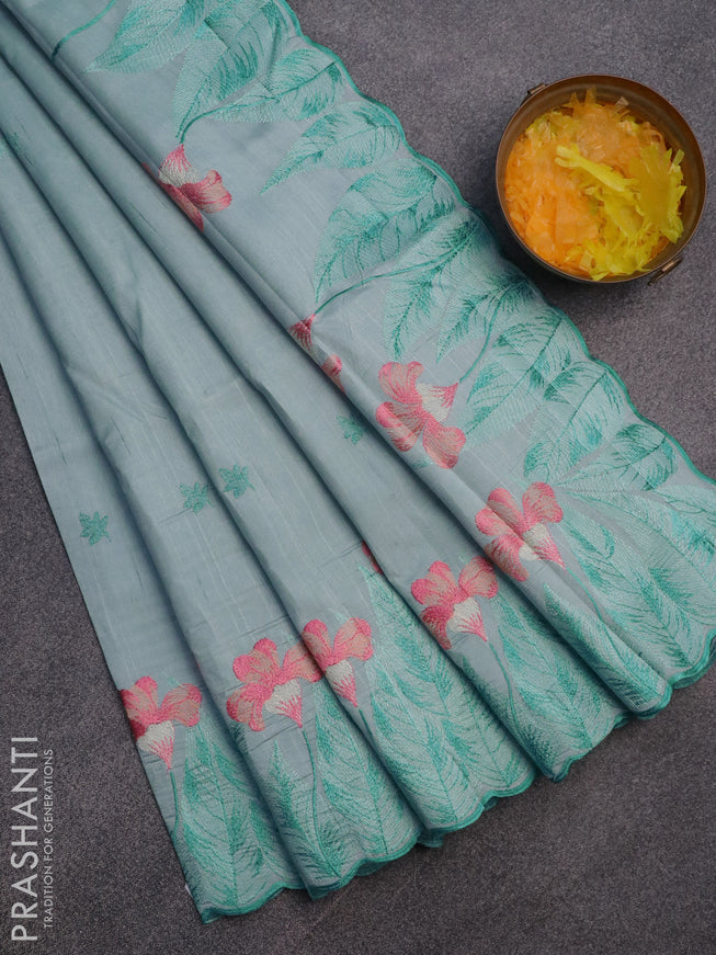 Semi raw silk saree pastel blue with embroidery work buttas and floral design embroidery work border