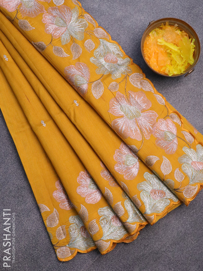 Semi raw silk saree mustard yellow with embroidery work buttas and floral design embroidery work border