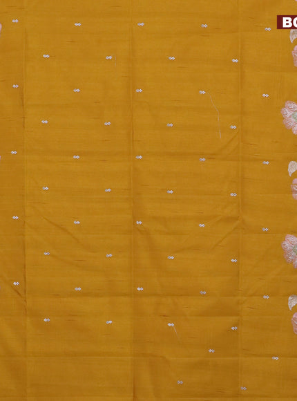 Semi raw silk saree mustard yellow with embroidery work buttas and floral design embroidery work border