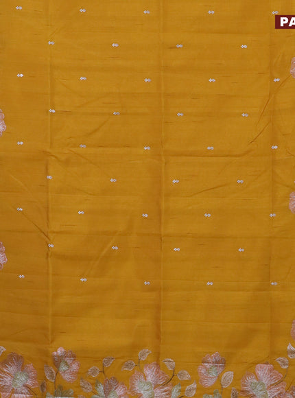 Semi raw silk saree mustard yellow with embroidery work buttas and floral design embroidery work border