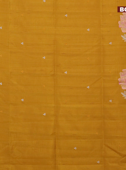 Semi raw silk saree mustard yellow with embroidery work buttas and floral design embroidery work border