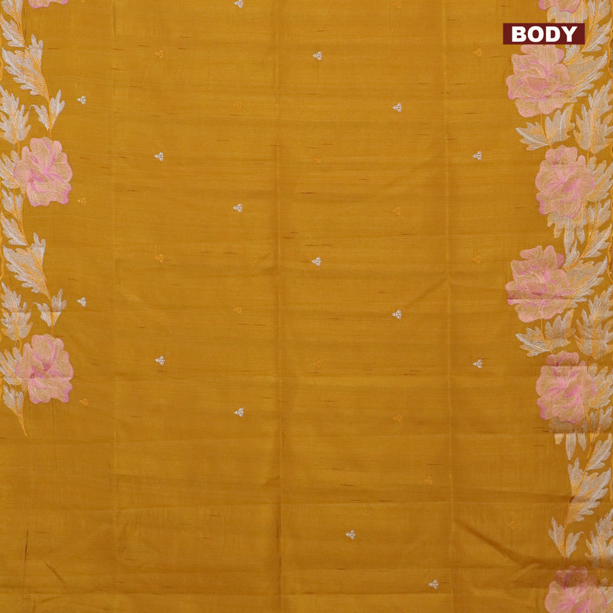 Semi raw silk saree mustard yellow with embroidery work buttas and floral design embroidery work border