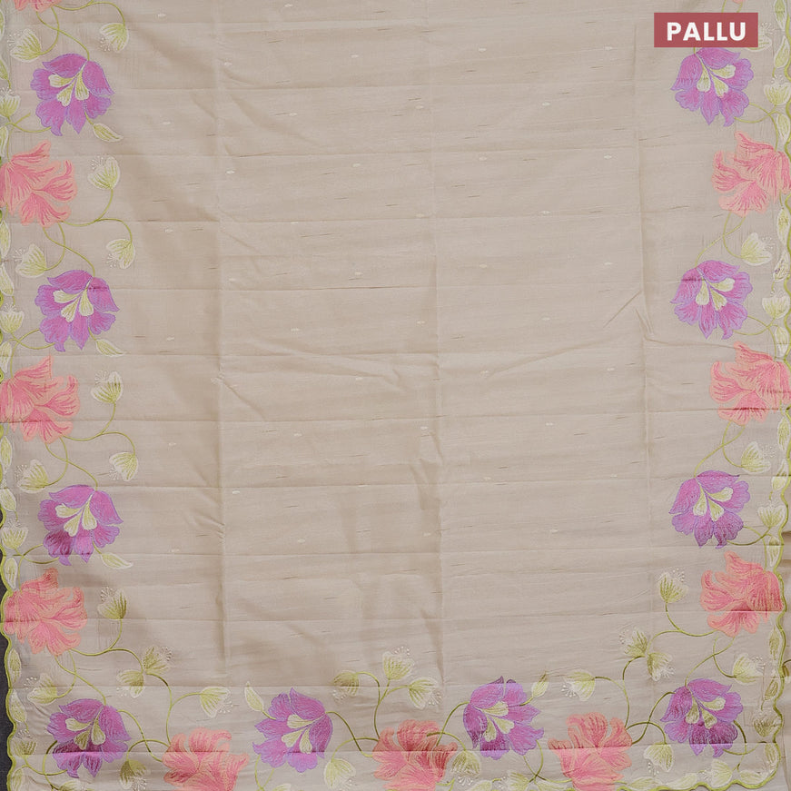 Semi raw silk saree cream with embroidery work buttas and floral design embroidery work border