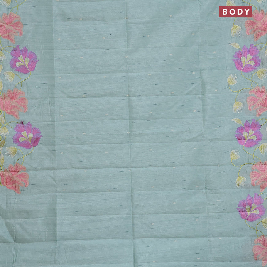 Semi raw silk saree pastel green with embroidery work buttas and floral design embroidery work border