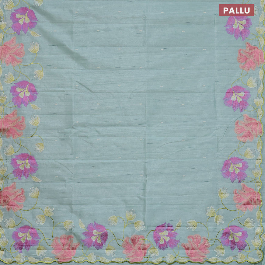 Semi raw silk saree pastel green with embroidery work buttas and floral design embroidery work border