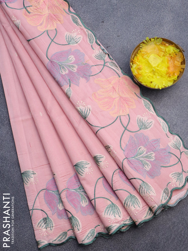 Semi raw silk saree mild peach pink with embroidery work buttas and floral design embroidery work border