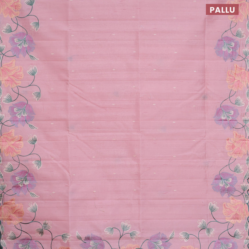 Semi raw silk saree mild peach pink with embroidery work buttas and floral design embroidery work border