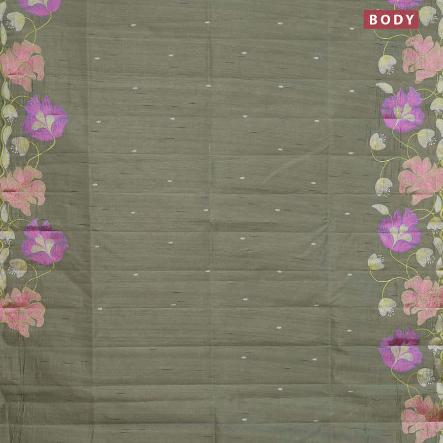 Semi raw silk saree sap green shade with embroidery work buttas and floral design embroidery work border