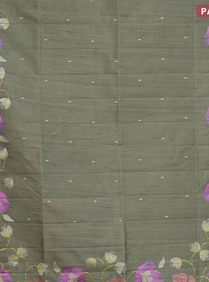 Semi raw silk saree sap green shade with embroidery work buttas and floral design embroidery work border