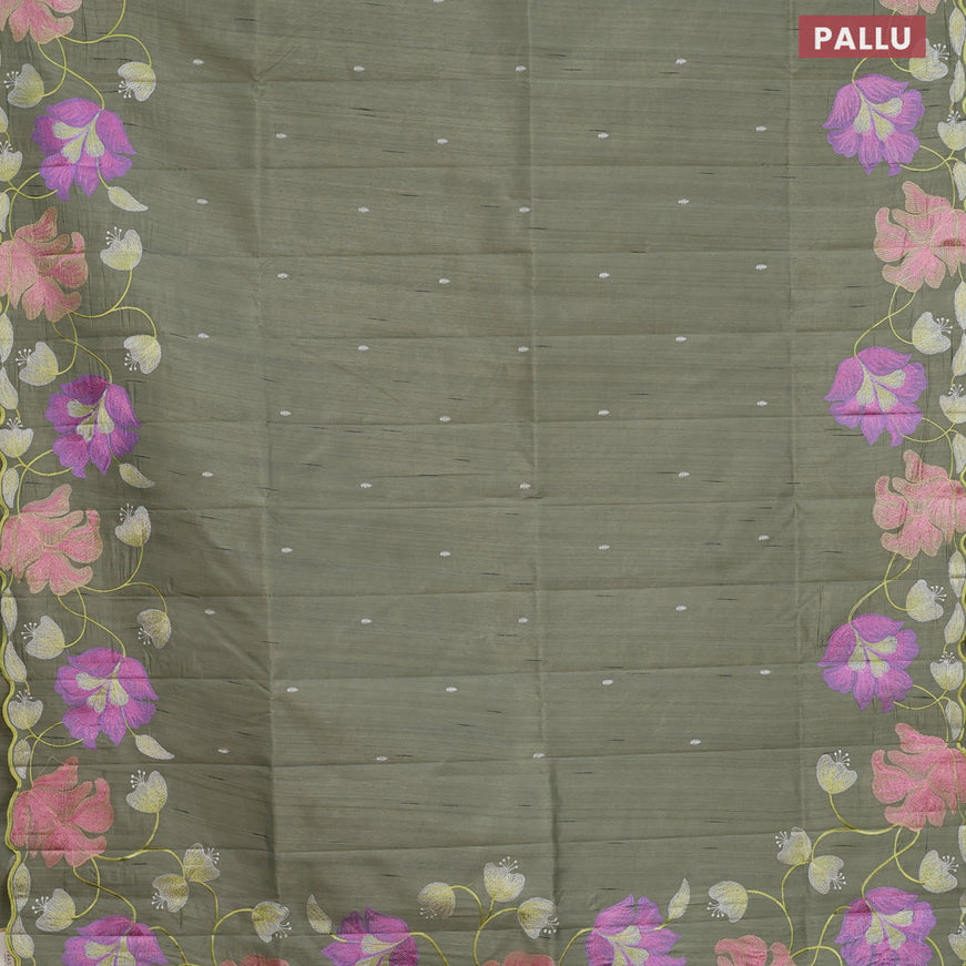 Semi raw silk saree sap green shade with embroidery work buttas and floral design embroidery work border