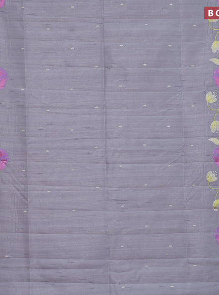 Semi raw silk saree grey with embroidery work buttas and floral design embroidery work border