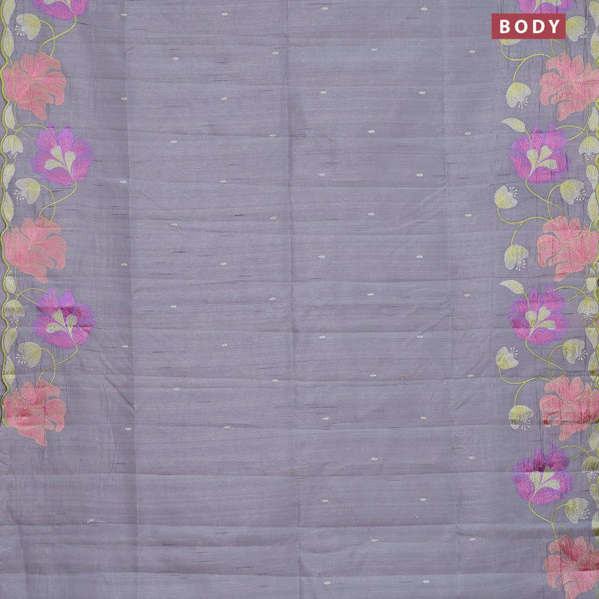 Semi raw silk saree grey with embroidery work buttas and floral design embroidery work border