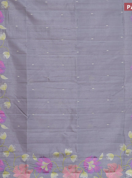 Semi raw silk saree grey with embroidery work buttas and floral design embroidery work border