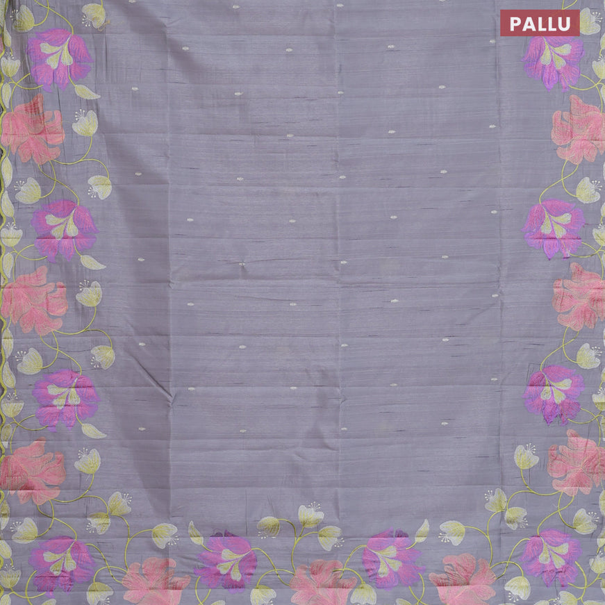 Semi raw silk saree grey with embroidery work buttas and floral design embroidery work border