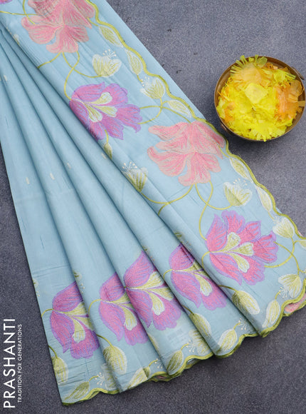 Semi raw silk saree pastel blue with embroidery work buttas and floral design embroidery work border