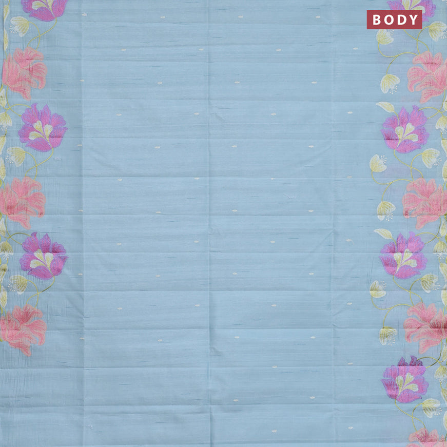 Semi raw silk saree pastel blue with embroidery work buttas and floral design embroidery work border