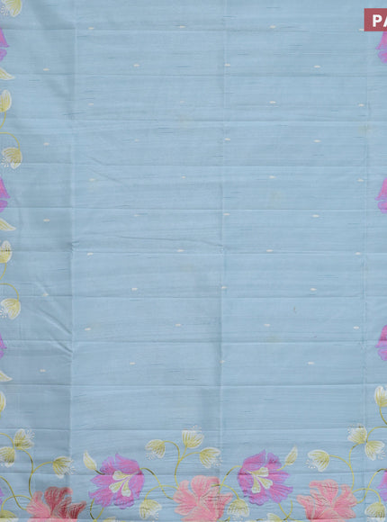 Semi raw silk saree pastel blue with embroidery work buttas and floral design embroidery work border