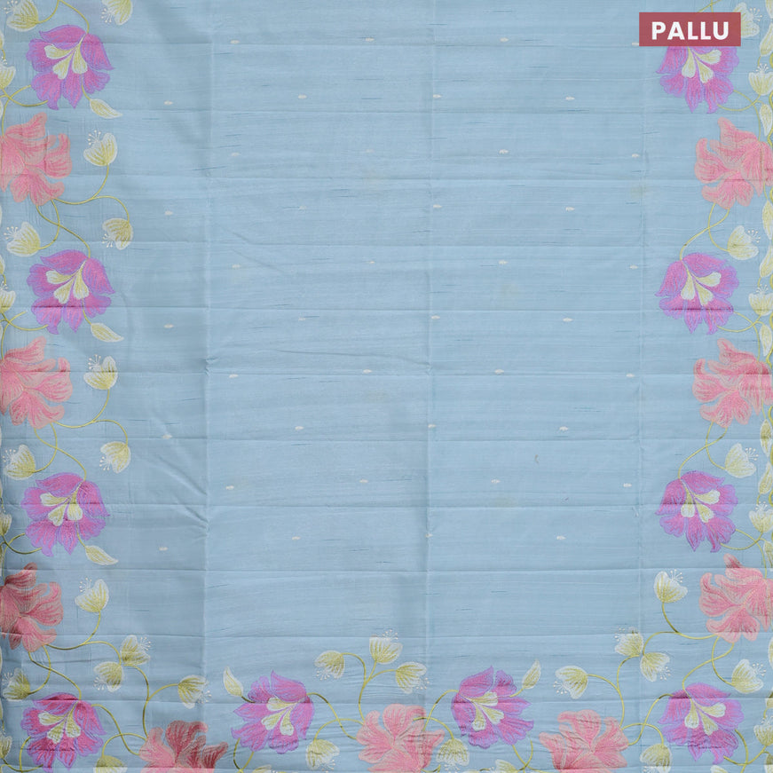 Semi raw silk saree pastel blue with embroidery work buttas and floral design embroidery work border