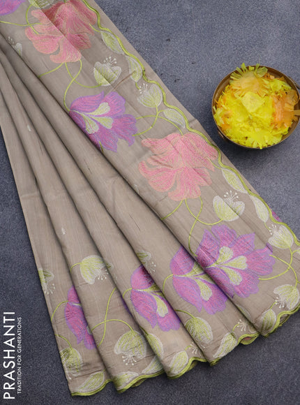 Semi raw silk saree beige with embroidery work buttas and floral design embroidery work border