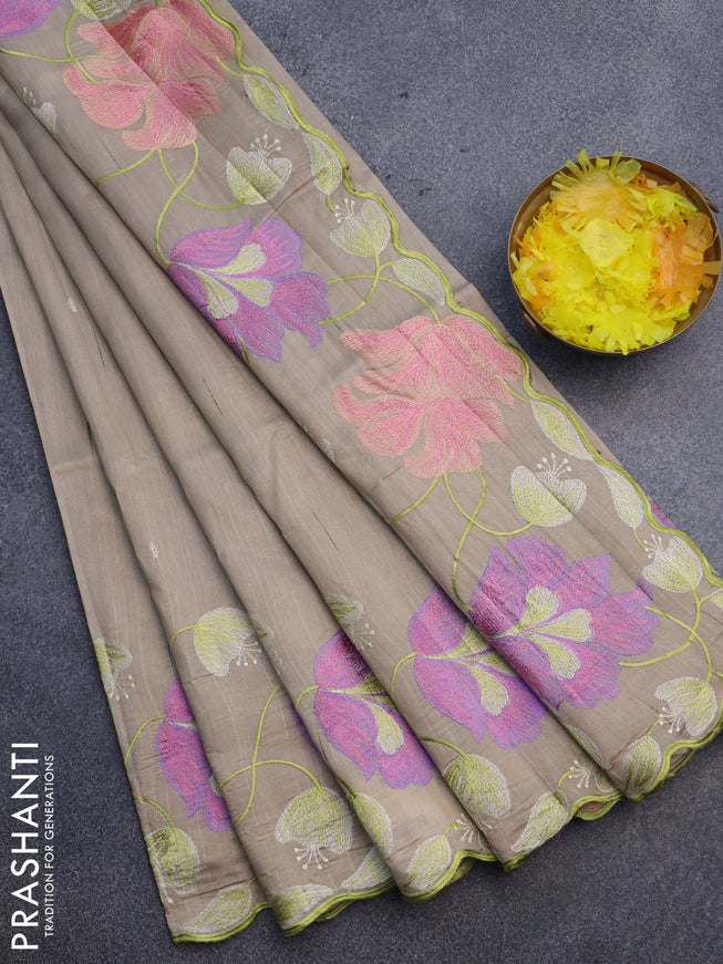 Semi raw silk saree beige with embroidery work buttas and floral design embroidery work border