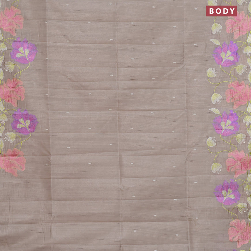 Semi raw silk saree beige with embroidery work buttas and floral design embroidery work border