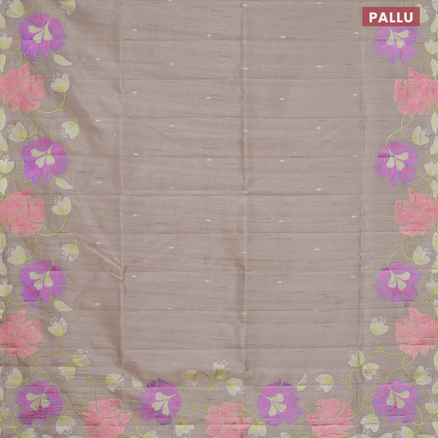 Semi raw silk saree beige with embroidery work buttas and floral design embroidery work border