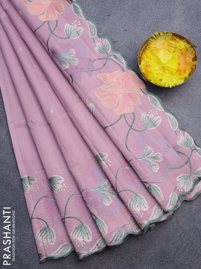 Semi raw silk saree paste lpink with embroidery work buttas and floral design embroidery work border