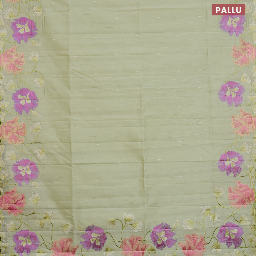 Semi raw silk saree pista green with embroidery work buttas and floral design embroidery work border