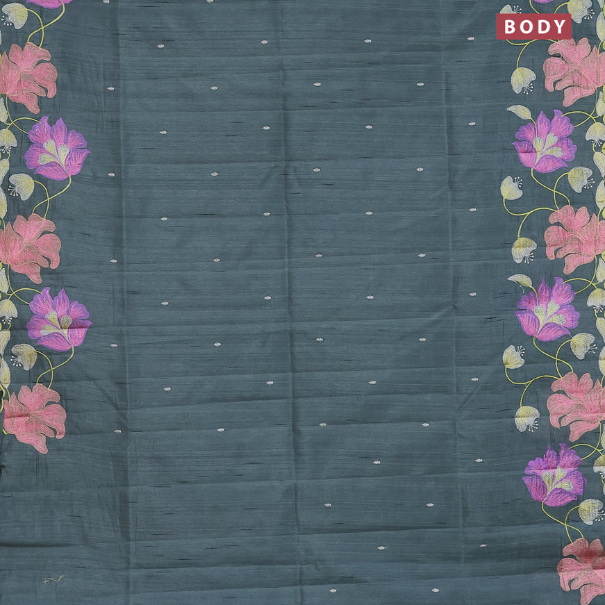 Semi raw silk saree green shade with embroidery work buttas and floral design embroidery work border