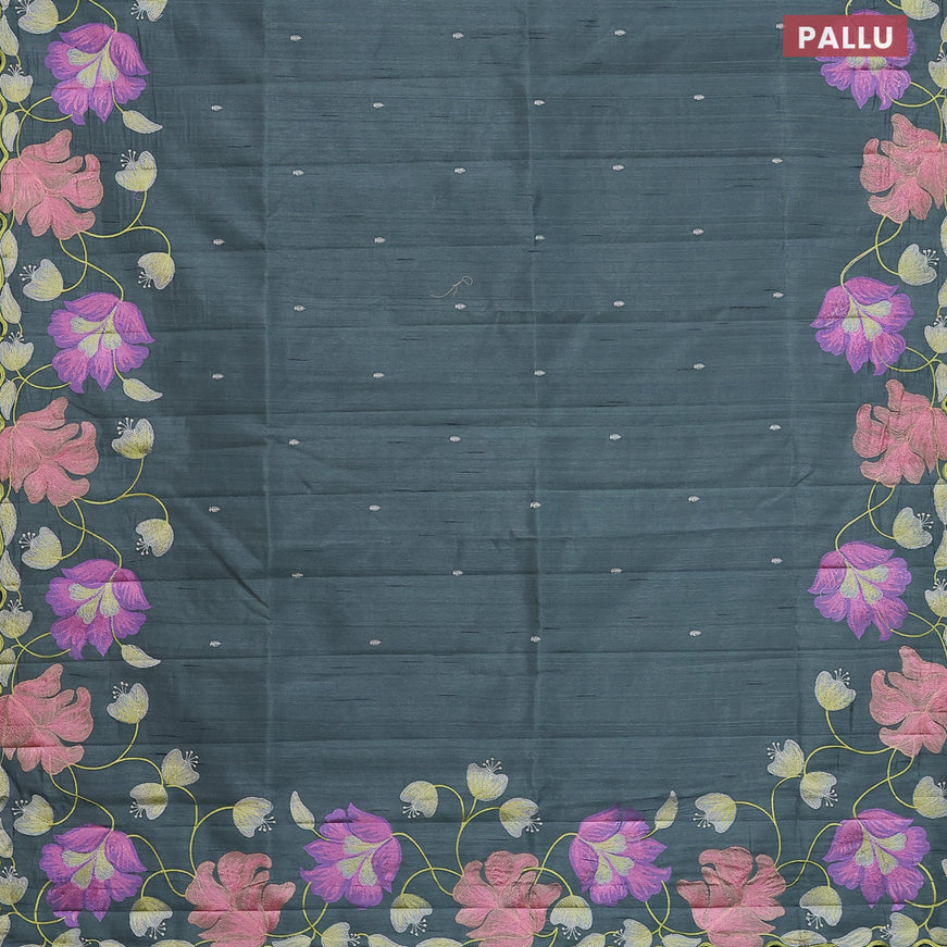 Semi raw silk saree green shade with embroidery work buttas and floral design embroidery work border