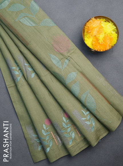 Semi raw silk saree sap green shade with embroidery work buttas in borderless style