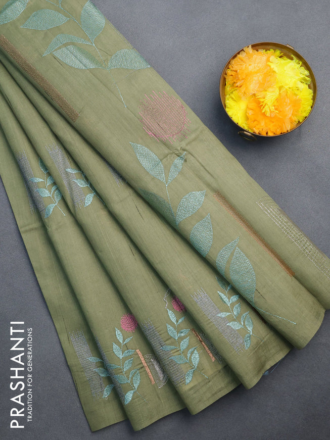 Semi raw silk saree sap green shade with embroidery work buttas in borderless style