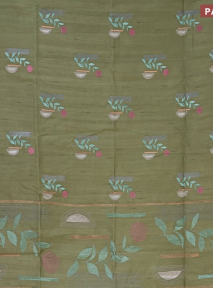 Semi raw silk saree sap green shade with embroidery work buttas in borderless style