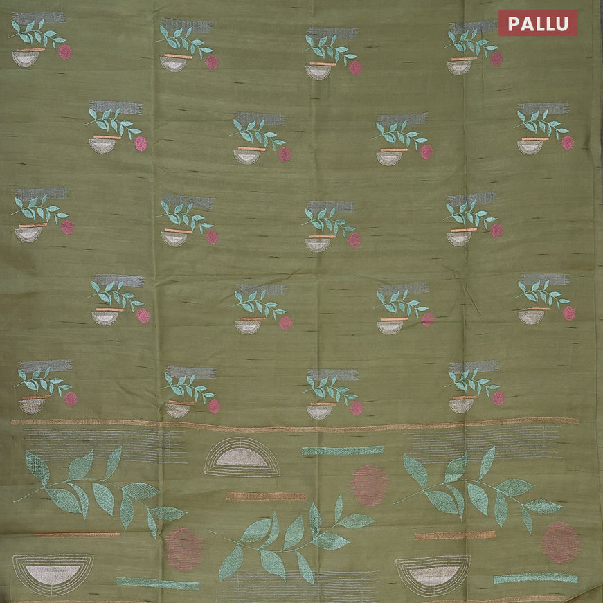 Semi raw silk saree sap green shade with embroidery work buttas in borderless style