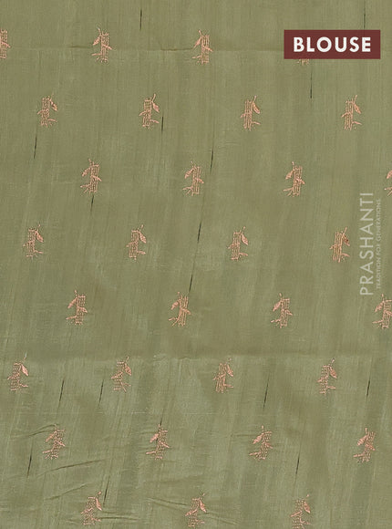 Semi raw silk saree sap green shade with embroidery work buttas in borderless style